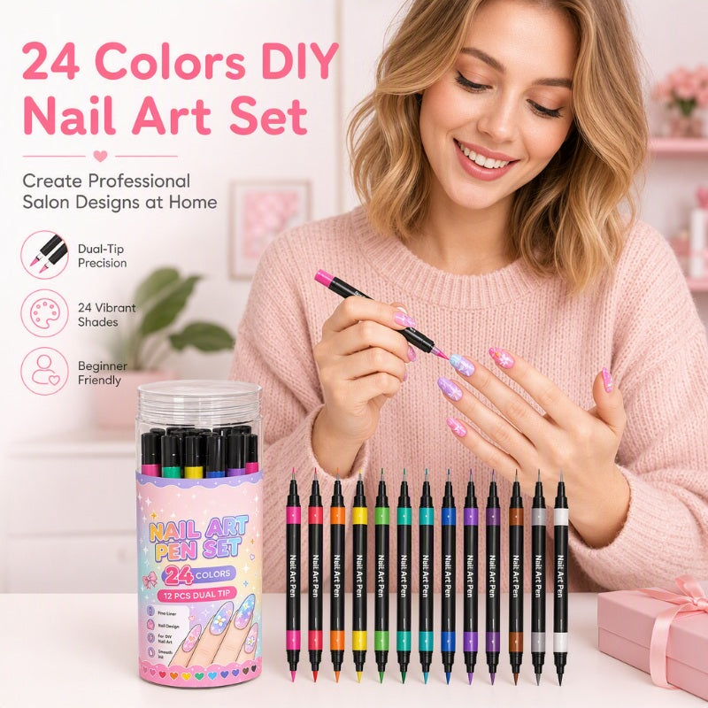 ⏳ Limited-Time Half-Price Offer ⏰ Popular 24-Color Dual-Ended Nail Art Pen Set (Perfect for Halloween & Christmas) 🪄🎨